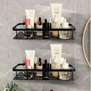 Bathroom Stainless Steel Organiser Without Drill | Kitchen Organizer Rack | No Drill Wall Shelves | Bathroom Holder | Bathroom Rack | Stainless Steel Storage Shelf (Pack of 2, Black)