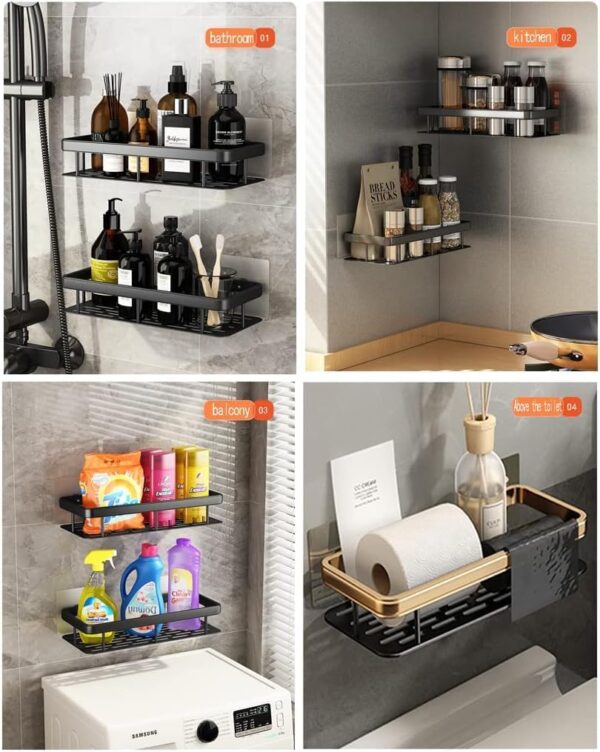 Bathroom Stainless Steel Organiser Without Drill | Kitchen Organizer Rack | No Drill Wall Shelves | Bathroom Holder | Bathroom Rack | Stainless Steel Storage Shelf (Pack of 2, Black)