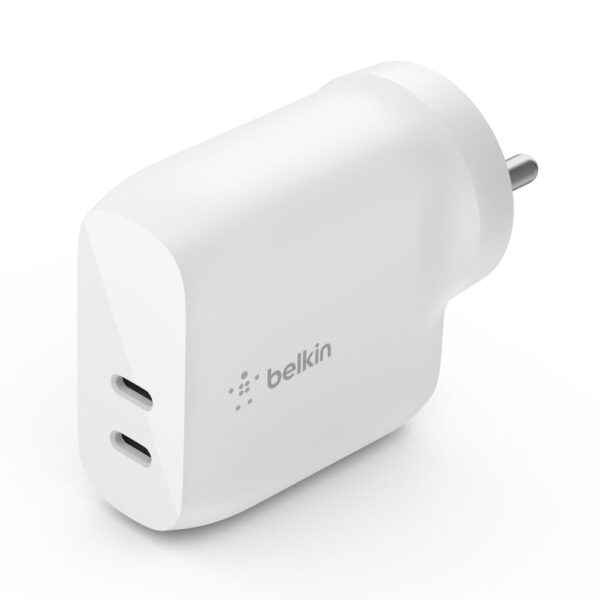 Belkin 40W (20W + 20W) Two Ports USB -C PD Belkin 40W (20W + 20W) Two Ports USB -C PD Wall Charger | Fast Charging for iPhone 17, Air, Pro, Pro Max, Samsung Galaxy S25, Google Pixel 10, iPad, AirPods, & More | 2 Years Warranty, White