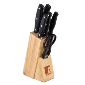 Bergner Dusseldorf 7 Pcs Stainless Steel Knife Set - Chef Knife, Slicing Knife, Tomato Knife, Utility Knife, Paring Knife, Scissors and Wooden Block, Durable, for Kitchen and Restaurants - Black