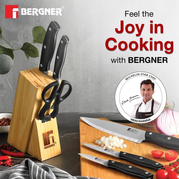 Bergner Dusseldorf 7 Pcs Stainless Steel Knife Set - Chef Knife, Slicing Knife, Tomato Knife, Utility Knife, Paring Knife, Scissors and Wooden Block, Durable, for Kitchen and Restaurants - Black