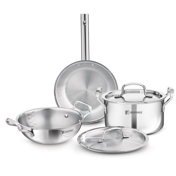 Bergner TriPro 5 Pcs Triply Stainless Steel Cookware Set - 24cm (3L) Kadai with Lid, 20cm (3.4L) Casserole/Biryani Pot with Lid, 22cm (1.5L) Frypan, Less Oil Use, Healthy Cooking - Induction Bottom