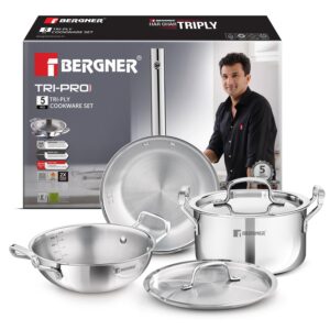 Bergner TriPro 5 Pcs Triply Stainless Steel Cookware Set - 24cm (3L) Kadai with Lid, 20cm (3.4L) Casserole/Biryani Pot with Lid, 22cm (1.5L) Frypan, Less Oil Use, Healthy Cooking - Induction Bottom