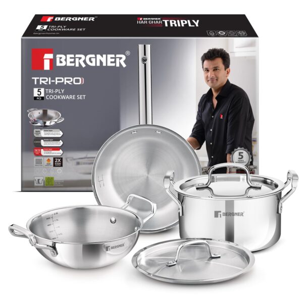 Bergner TriPro 5 Pcs Triply Stainless Steel Cookware Set - 24cm (3L) Kadai with Lid, 20cm (3.4L) Casserole/Biryani Pot with Lid, 22cm (1.5L) Frypan, Less Oil Use, Healthy Cooking - Induction Bottom