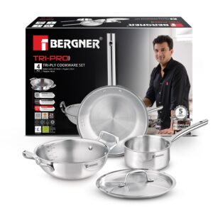 Bergner Tripro Triply Stainless Steel 4 Pc Cookware Set, 24 cm Indian Wok/Kadai with Lid, 22 cm Frypan, 16 cm Tea Pan, Even and Fast Heating, Induction Bottom, Gas Ready, Silver
