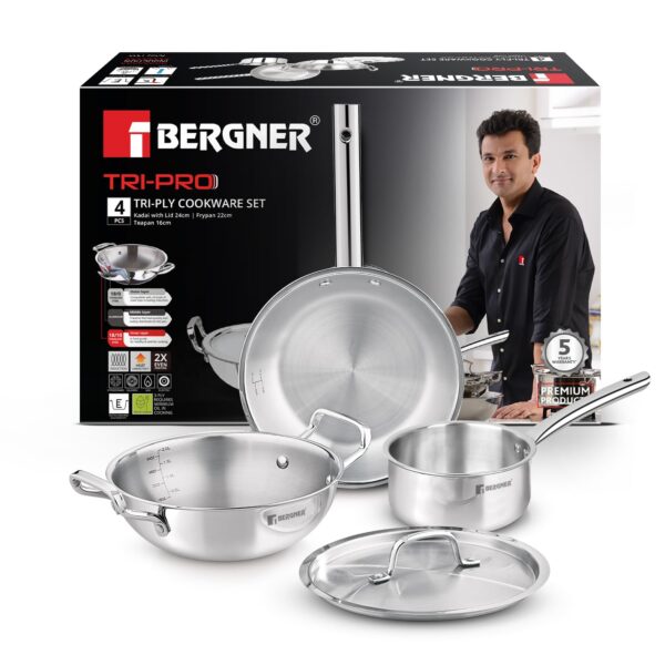Bergner Tripro Triply Stainless Steel 4 Pc Cookware Set, 24 Bergner Tripro Triply Stainless Steel 4 Pc Cookware Set, 24 cm Indian Wok/Kadai with Lid, 22 cm Frypan, 16 cm Tea Pan, Even and Fast Heating, Induction Bottom, Gas Ready, Silver