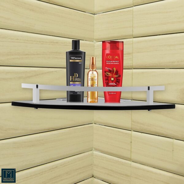 Black Glass Corner Bathroom Shelf for Wall, Wall Mount Rack for Kitchen, Shelves for Kitchen, Corner Rack Bathroom Organiser and Accessories, Brass Silver (9X9 Inch,Set-1)
