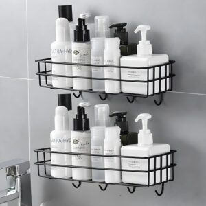 Boniry Bathroom Shelf for Wall, Self Adhesive Bathroom Organiser, 4 Boniry Bathroom Shelf for Wall, Self Adhesive Bathroom Organiser, 4 Hooks for Towel Holder, Space-Saving Wall Mounted Bathroom Shelf with Elegant Design (Pack of 2)