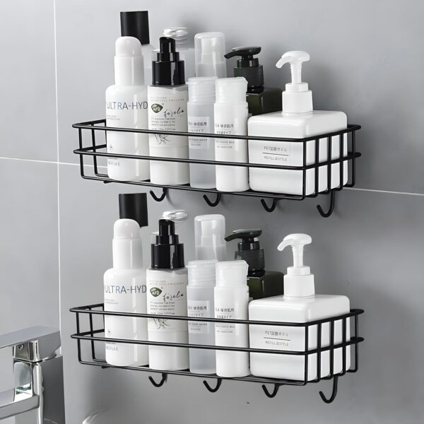 Boniry Bathroom Shelf for Wall, Self Adhesive Bathroom Organiser, 4 Boniry Bathroom Shelf for Wall, Self Adhesive Bathroom Organiser, 4 Hooks for Towel Holder, Space-Saving Wall Mounted Bathroom Shelf with Elegant Design (Pack of 2)