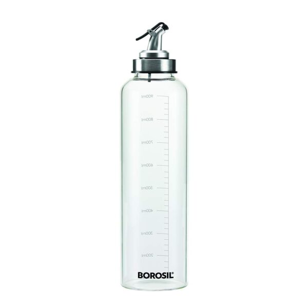 Borosil 1L Oil Dispencer | Borosilicate Glass Oil Bottle with Silicon Funnel | Leakproof, BPA Free Oil Container for Kitchen | Transparent (1 L)