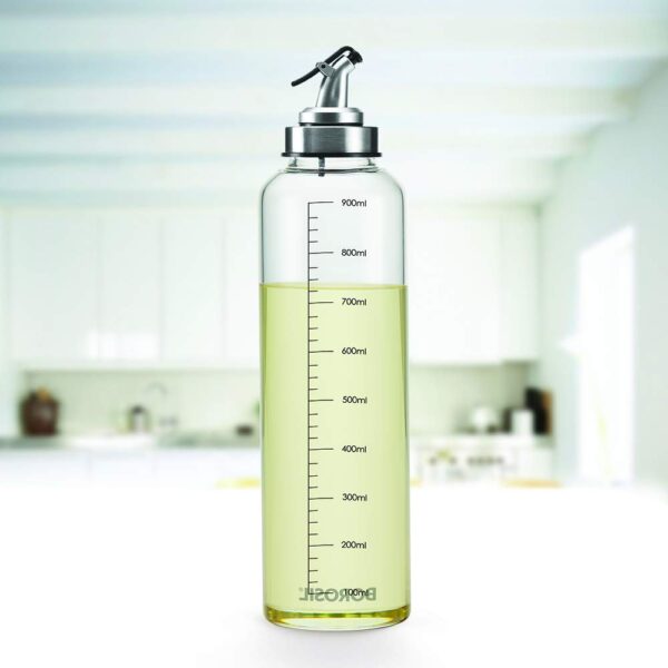 Borosil 1L Oil Dispencer | Borosilicate Glass Oil Bottle with Silicon Funnel | Leakproof, BPA Free Oil Container for Kitchen | Transparent (1 L)