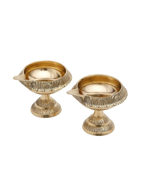 Brass Deepak with Stand - Set of 2 Gold Diya for Diwali Puja, Standard Size, Traditional Indian Design, Home Decor, Festive Lighting, Ideal Gift (Stand Diya)