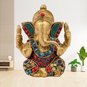 Brass Gem Stone Work Ganesha Statue for Home Office | Brass Gem Stone Work Ganesha Statue for Home Office | Brass Ganesh Murti for Pooja Room | Ganpati Idol for Home Entrace Home Decor (Weight 860 Gram Height 16 cm) (Hand_BRASSGANESH_05CM)