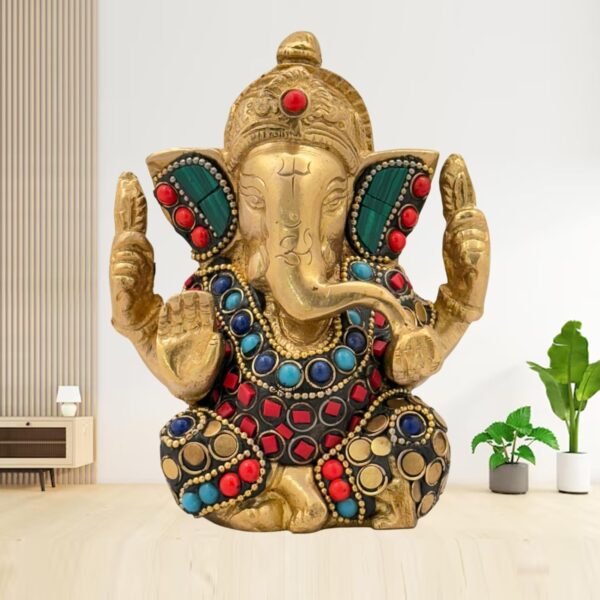 Brass Gem Stone Work Ganesha Statue for Home Office | Brass Ganesh Murti for Pooja Room | Ganpati Idol for Home Entrace Home Decor (Weight 860 Gram Height 16 cm) (Hand_BRASSGANESH_05CM)