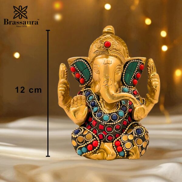 Brass Gem Stone Work Ganesha Statue for Home Office | Brass Ganesh Murti for Pooja Room | Ganpati Idol for Home Entrace Home Decor (Weight 860 Gram Height 16 cm) (Hand_BRASSGANESH_05CM)