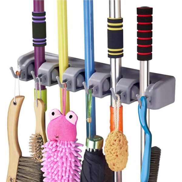 Broom Holder Wall Mounted, Mop Holder for Wall, Broom Stick Broom Holder Wall Mounted, Mop Holder for Wall, Broom Stick Holder Mounted Stand, Storage Broomstick Brush Mount Organizer with Hanger Hooks (5 Slot 6 Hooks)- Grey, Polypropylene