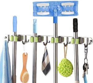 Broom Mop Holder Wall Mount Stainless Steel Wall Mounted Storage Organizer Heavy Duty Tools Hanger for Kitchen Bathroom Closet Garage Office Garden-1Pc (4 Rack 5 Hook), Hanging Shelves