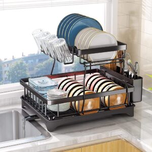 CAVSOIR Metal 2 Tier Dish Drying Rack Drainboard Set for CAVSOIR Metal 2 Tier Dish Drying Rack Drainboard Set for Kitchen Counter, Dish Drainer Rack with Drainage, Large Dish Dryer with Detachable Utensil Holder and Cup Rack (Black), (31 x 43 x 12 cm)