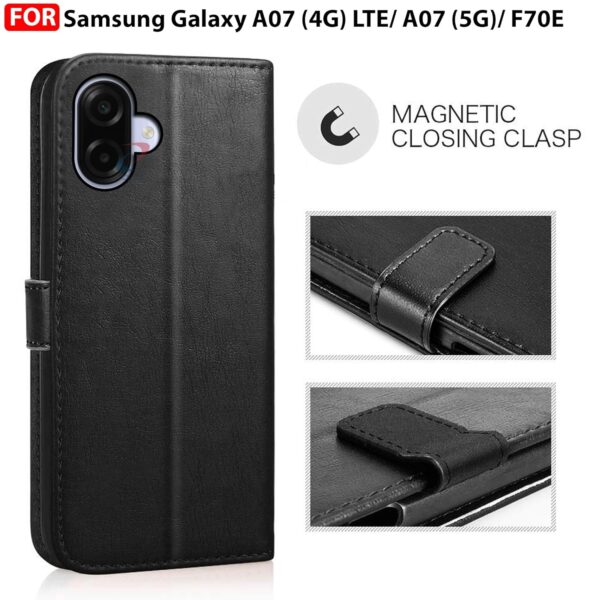 CEDO Flip Cover for Samsung Galaxy A07 (4G) LTE / A07 (5G)/ F70E | Leather Finish | Inside Pockets & Inbuilt Stand | Shockproof Wallet Style Magnetic Closure Back Case Flipcover (Black)