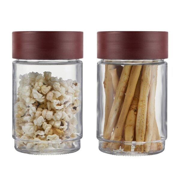 CELLO Modustack Glassy Storage Jar Set of 2 (750 ml x 2), Maroon | Glass Jar with Lid | Stackable | For Grains, Pulses, Spice, Cereals, Cookies, Dry Fruits | Fridge Storage Container