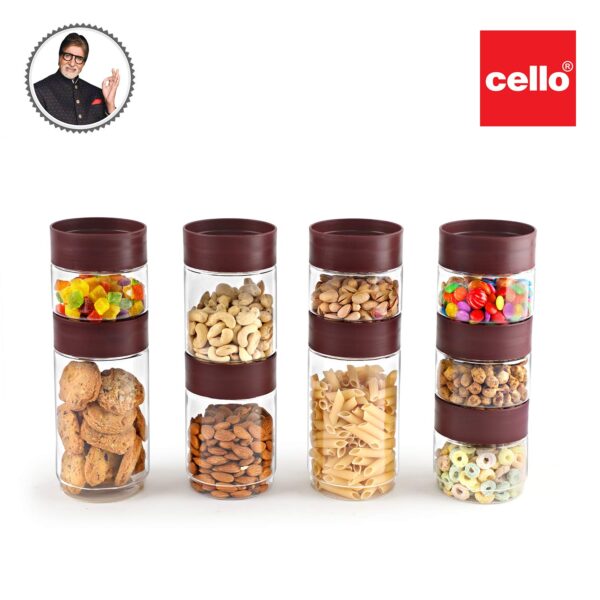 CELLO Modustack Storage Container Jar Set of 9 (500mlx5, 750mlx2, 1000mlx2), Maroon | Food Grade, Stackable, See Through Pet Organizer | For Storage of Food, Pulses, Spice, Cereals, Cookies, Dry Food