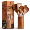 CERAMIC Wooden Spoons For Cooking 6 Piece Organic Bamboo Utensil CERAMIC Wooden Spoons For Cooking 6 Piece Organic Bamboo Utensil Set With Holder Wood Kitchen Utensils Spatula Spoon For High Heat Stirring In Nonstick Pots & Pans Quality (Dark Brown)