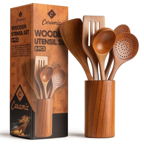 CERAMIC Wooden Spoons For Cooking 6 Piece Organic Bamboo Utensil CERAMIC Wooden Spoons For Cooking 6 Piece Organic Bamboo Utensil Set With Holder Wood Kitchen Utensils Spatula Spoon For High Heat Stirring In Nonstick Pots & Pans Quality (Dark Brown)