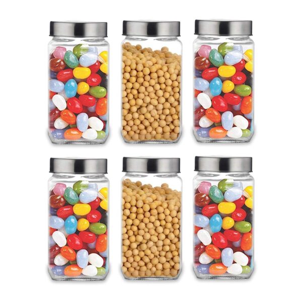 CROCO JAR Square Glass Storage Containers 1000ml | Set of 6 | Transparent Kitchen Jars with Airtight Steel Lid | Spice, Pickle, Dry Fruit, Snack, Coffee, Sugar & Pantry Storage Containers