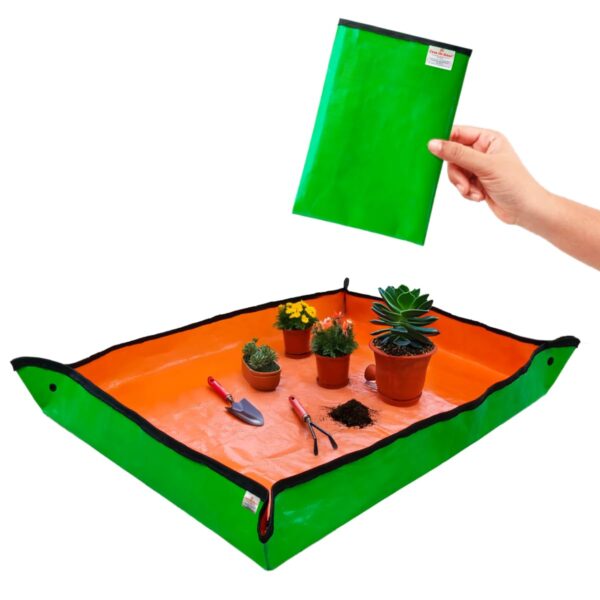 Casa De Amor Gardening Mat 75x100 cm | Waterproof & Foldable HDPE Mat with Snap Buttons | for Soil Mixing, DIY & Plant Care | Green-Orange (Pack of 1)