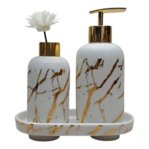 Ceramic Bathroom Accessories Set 3-Piece Modern Bath Set with Liquid Soap Dispenser, Toothbrush Holder Tray Luxury Home Gift, White (11095)