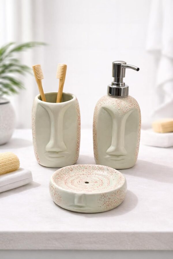 Ceramic Face Design Bathroom Accessories Set of 3 – Soap Ceramic Face Design Bathroom Accessories Set of 3 – Soap Dispenser with Pump, Toothbrush Holder & Soap Dish | Modern Artistic Washroom Set | Decorative Countertop Bath Set (Matte Green)