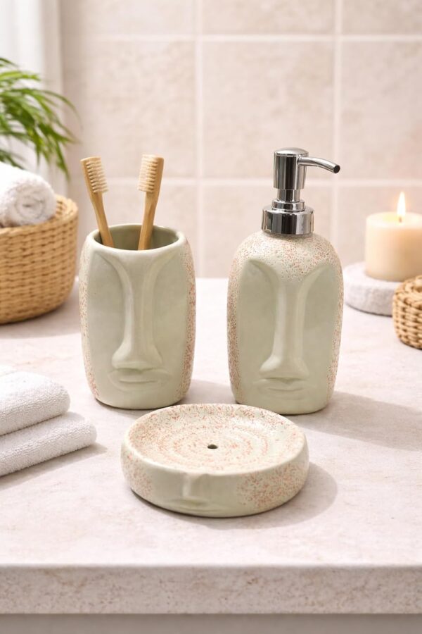 Ceramic-Face-Design-Bathroom-Accessories-Set-of-3-–-Soap-Dispenser-with-Pump-Toothbrush-Holder-Soap-Dish-Modern-Artistic-Washroom-Set-Decorative-Countertop-Bath-Set-Matte-Green.jpg Ceramic Face Design Bathroom Accessories Set of 3 – Soap Dispenser with Pump, Toothbrush Holder & Soap Dish | Modern Artistic Washroom Set | Decorative Countertop Bath Set (Matte Green)