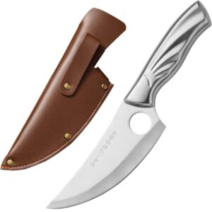 Chef Knife Stainless Steel with Finger Hole Grip – Razor Sharp Curved Blade Kitchen Knife for Meat, Vegetables & Fruits | Ergonomic Handle Utility Butcher Knife with Sheath