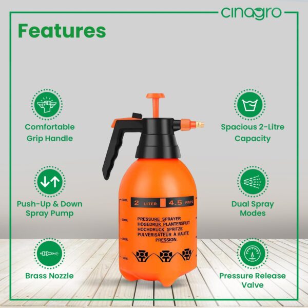 Cinagro Pressure Spray Pump (Orange 2 L), Gardening Water Pump Sprayer, Plant Water Sprayer for Home Garden, Spray Bottles for Garden Plants and Lawn, Plant Watering Can