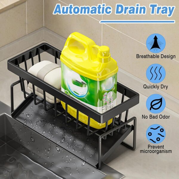 Cisily Kitchen Sink Organizer Rack with Automatic Drain Tray | Stainless Steel Countertop Storage Holder for Sponges, Soap, Brushes & Dishwashing Liquid – Rustproof & Quick Dry Design