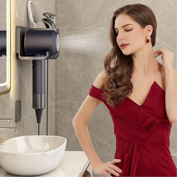 Cisily Wall Mounted Hair Dryer Holder with Storage Compartments, 22 x 9.5 x 8.8 cm, Black