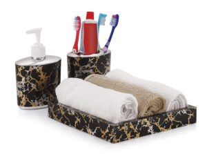 Classic 4 Pcs Luxury Bathroom Accessories Set - Liquid Soap Dispenser, Soap Dish, Hand Towel Tray, Brush Holder, Bathroom Accessories, (Classic Black Granite - Black)