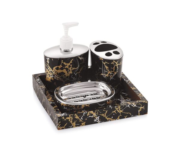 Classic 4 Pcs Luxury Bathroom Accessories Set - Liquid Soap Dispenser, Soap Dish, Hand Towel Tray, Brush Holder, Bathroom Accessories, (Classic Black Granite - Black)