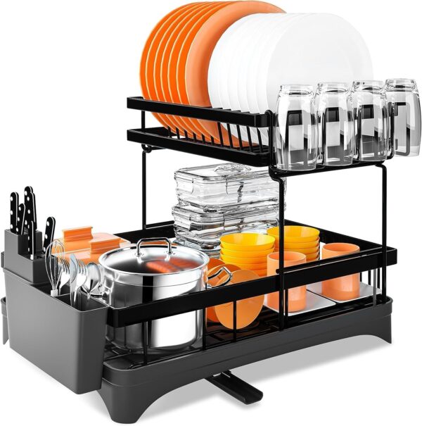 Cloyster Detachable Dish Drying Rack, Two Tier Dish Organizer with Cloyster Detachable Dish Drying Rack, Two Tier Dish Organizer with Cup Holder, 360° Swivel Spout,Utensil Holder and Cutting Board Holder, Over the Sink Dish Rack for Kitchen (CL-09)