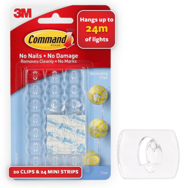 Command Decorating & organizing Pack of 20 clips/hooks and 24 Command Decorating & organizing Pack of 20 clips/hooks and 24 mini strips, Damage Free walls, Clear,Plastic