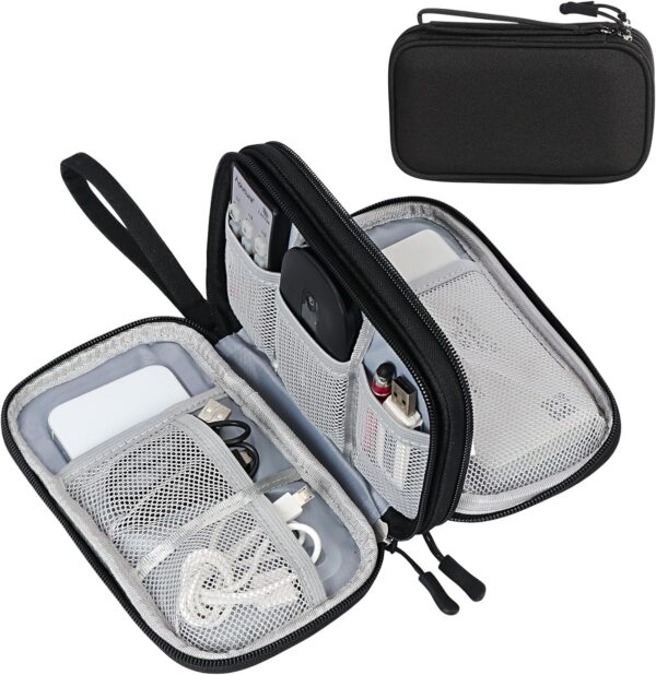 Compact Cable Organizer Bag | Double Layer Storage Pouch for Cables, Chargers, Power Bank & Other Accessories | Durable & Portable Nylon Travel Case with Mesh Pockets