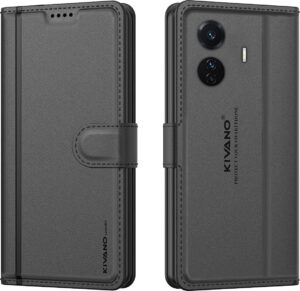 Compatible for Vivo T1 Pro 5G / iQOO Z6 Pro Compatible for Vivo T1 Pro 5G / iQOO Z6 Pro 5G Luxury Handmade Leather Magnetic Flip Folio Case | Card Holder & Kickstand | Slim Protective Cover | Unisex - Black