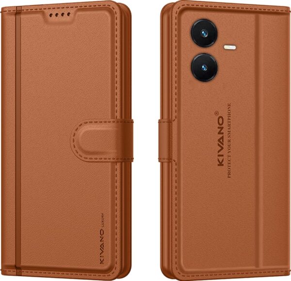 Compatible for Vivo Y22 Luxury Handmade Leather Magnetic Flip Folio Compatible for Vivo Y22 Luxury Handmade Leather Magnetic Flip Folio Case | Card Holder & Kickstand | Slim Protective Cover | Unisex - Brown