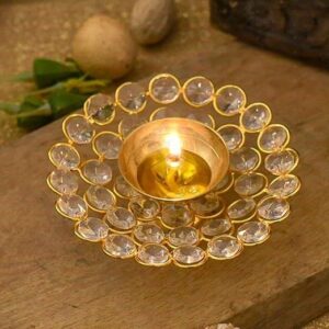 Crystal Akhand Diya for Decorations - Brass Diya for Puja Oil Puja Lamp - Decorations Items for Home Decor and Gifts (Golden, 12 X 4 cm) - Decor - Gifts