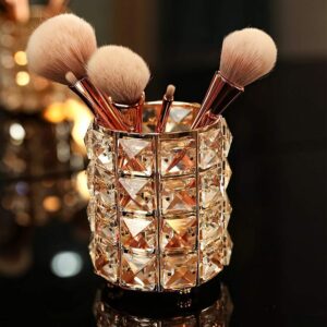 Crystal Makeup Brush Holder Organizer, Rose Gold Bling Cosmetic Storage Cup, 7.8cm Diameter x 11cm Height, for Vanity Bathroom Bedroom Office Desk