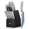 D. Perla Knife Block Set, 15 Piece Kitchen Knife Block Set, Super Sharp Stainless Steel Kitchen Knife Set with Wooden Block and Laser Damascus Blades