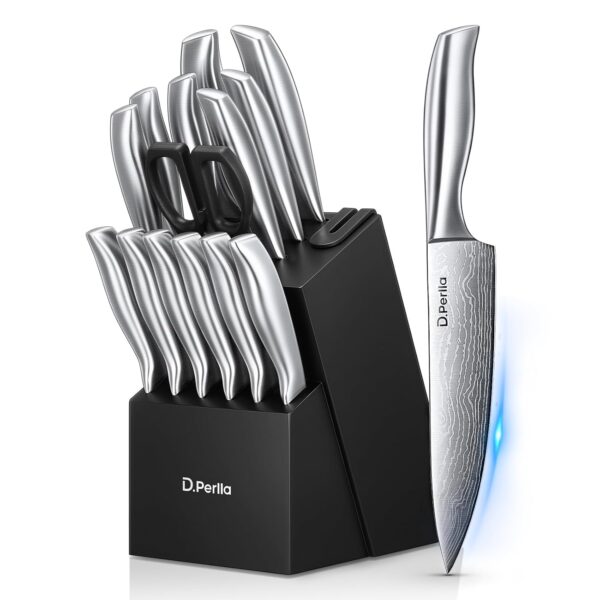D. Perla Knife Block Set, 15 Piece Kitchen Knife Block Set, Super Sharp Stainless Steel Kitchen Knife Set with Wooden Block and Laser Damascus Blades