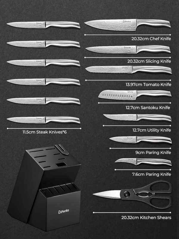D. Perla Knife Block Set, 15 Piece Kitchen Knife Block Set, Super Sharp Stainless Steel Kitchen Knife Set with Wooden Block and Laser Damascus Blades