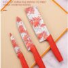 DIVGO Floral Kitchen Knife Set – 3 Piece Non-Stick Stainless Steel Knives with Ergonomic Handles | Sharp & Stylish Chef, Utility & Cleaver Knife for Home Cooking & Chopping (Red)