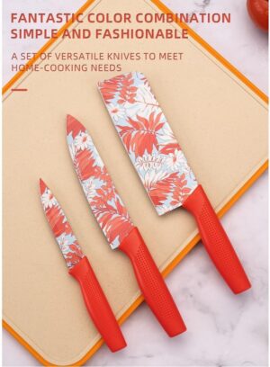 DIVGO Floral Kitchen Knife Set – 3 Piece Non-Stick Stainless Steel Knives with Ergonomic Handles | Sharp & Stylish Chef, Utility & Cleaver Knife for Home Cooking & Chopping (Red)